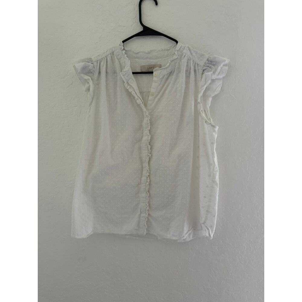 LOFT Petites White Swiss Dot Embroidered Ruffle Sleeve Button Blouse Size LP